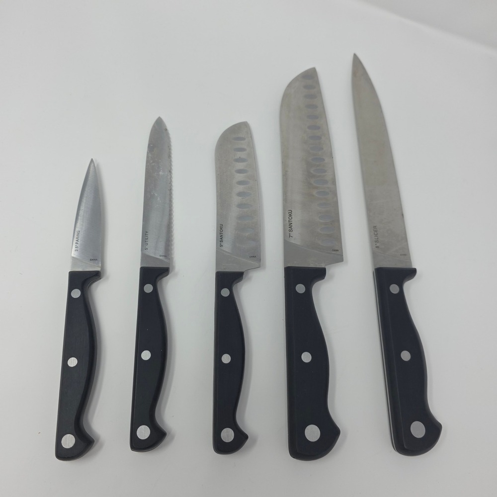 Emeril Knife Set 5 Pce Stainless Steel Black Triple Rivet Slicer Santoku Paring